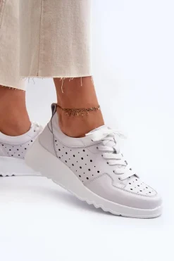 Damskie buty S.Barski Sneakersy Damskie*Ażurowe Damskie Sneakersy Na Koturnie Skóra Naturalna Jasnoszare S.Barski LR482 Szary