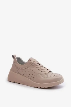 Sale Damskie buty S.Barski Ażurowe Damskie Sneakersy Na Koturnie Skóra Naturalna Beżowe S.Barski LR482