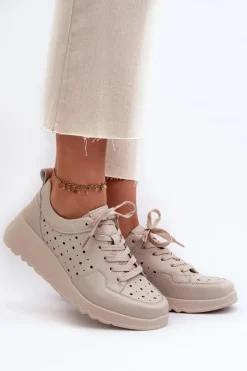 Sale Damskie buty S.Barski Ażurowe Damskie Sneakersy Na Koturnie Skóra Naturalna Beżowe S.Barski LR482