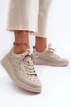 Sale Damskie buty S.Barski Ażurowe Damskie Sneakersy Na Koturnie Skóra Naturalna Beżowe S.Barski LR482