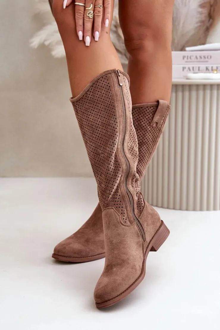 Damskie Damskie buty S.Barski Ażurowe Kozaki Damskie Brązowe S.Barski HY42-139