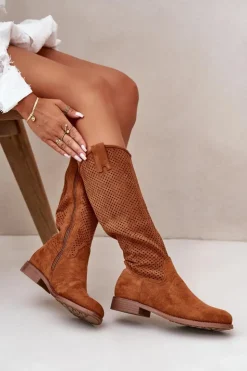 New Damskie buty S.Barski Ażurowe Kozaki Damskie Camel S.Barski HY42-139