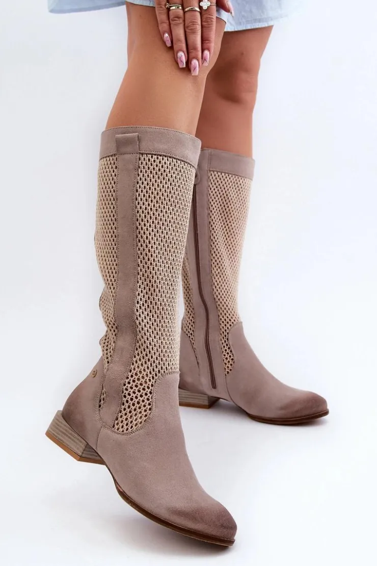 Damskie Maciejka Ażurowe Kozaki Damskie Na Niskim Obcasie Z Naturalnego Zamszu 06467-04 Beżowe