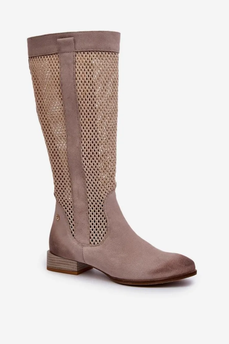 Damskie Maciejka Ażurowe Kozaki Damskie Na Niskim Obcasie Z Naturalnego Zamszu 06467-04 Beżowe