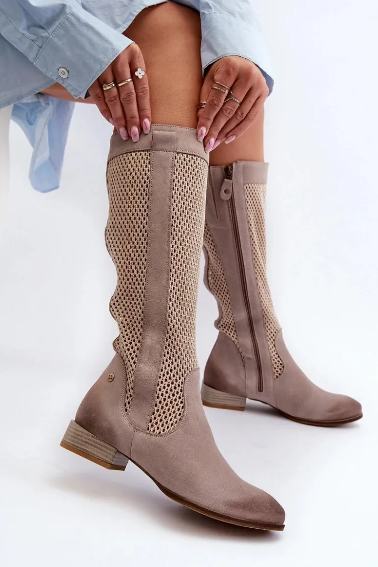 Damskie Maciejka Ażurowe Kozaki Damskie Na Niskim Obcasie Z Naturalnego Zamszu 06467-04 Beżowe