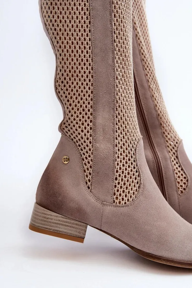 Damskie Maciejka Ażurowe Kozaki Damskie Na Niskim Obcasie Z Naturalnego Zamszu 06467-04 Beżowe