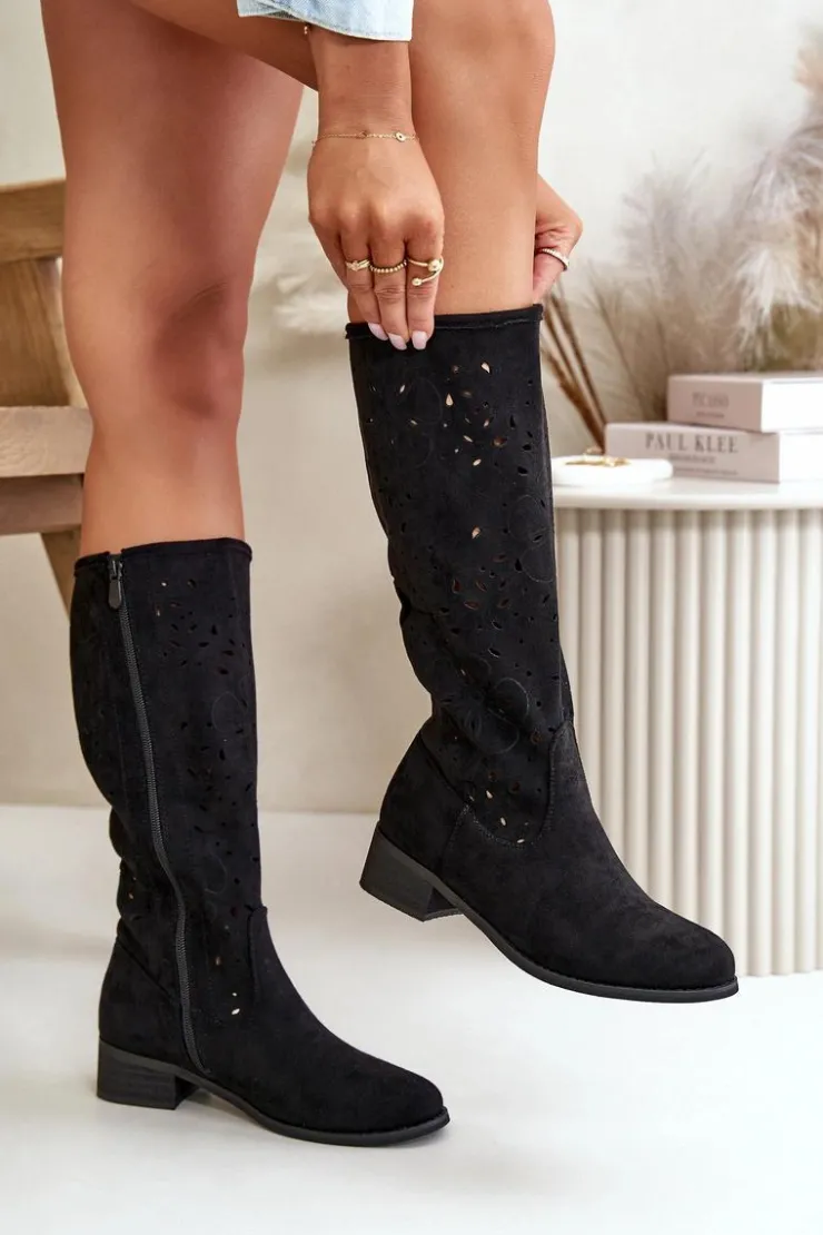 Boto Kozaki Ocieplane|Kozaki Ażurowe*Ażurowe Kozaki Damskie Na Niskim Obcasie Eko Zamszowe Zapinane Na Zamek Czarne Orchides Czarny