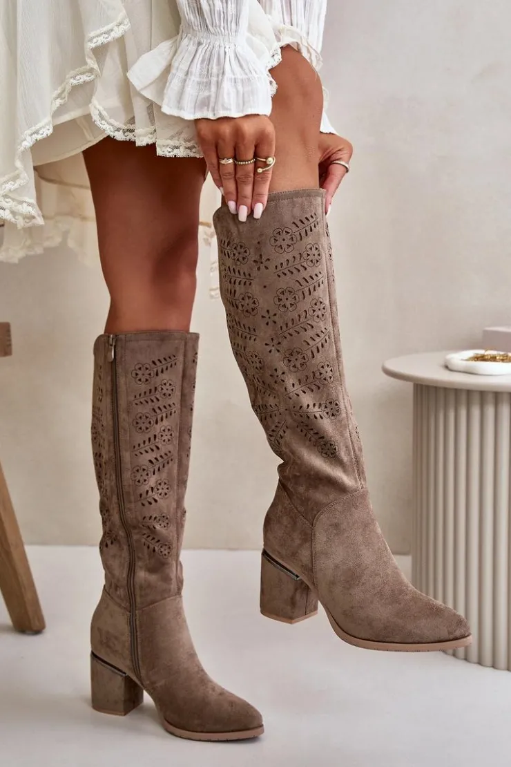 Buty damskie Vinceza Kozaki Ażurowe|Kozaki Przed Kolano*Ażurowe Kozaki Damskie Na Słupku Z Eko Zamszu Vinceza 16443 Ciemnobeżowe