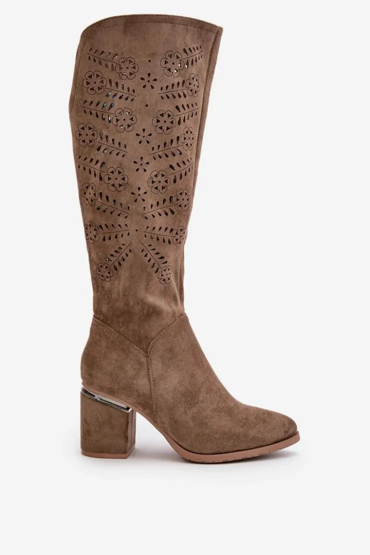 Buty damskie Vinceza Kozaki Ażurowe|Kozaki Przed Kolano*Ażurowe Kozaki Damskie Na Słupku Z Eko Zamszu Vinceza 16443 Ciemnobeżowe