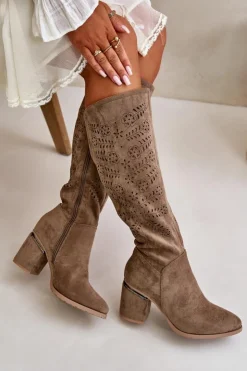 Buty damskie Vinceza Kozaki Ażurowe|Kozaki Przed Kolano*Ażurowe Kozaki Damskie Na Słupku Z Eko Zamszu Vinceza 16443 Ciemnobeżowe