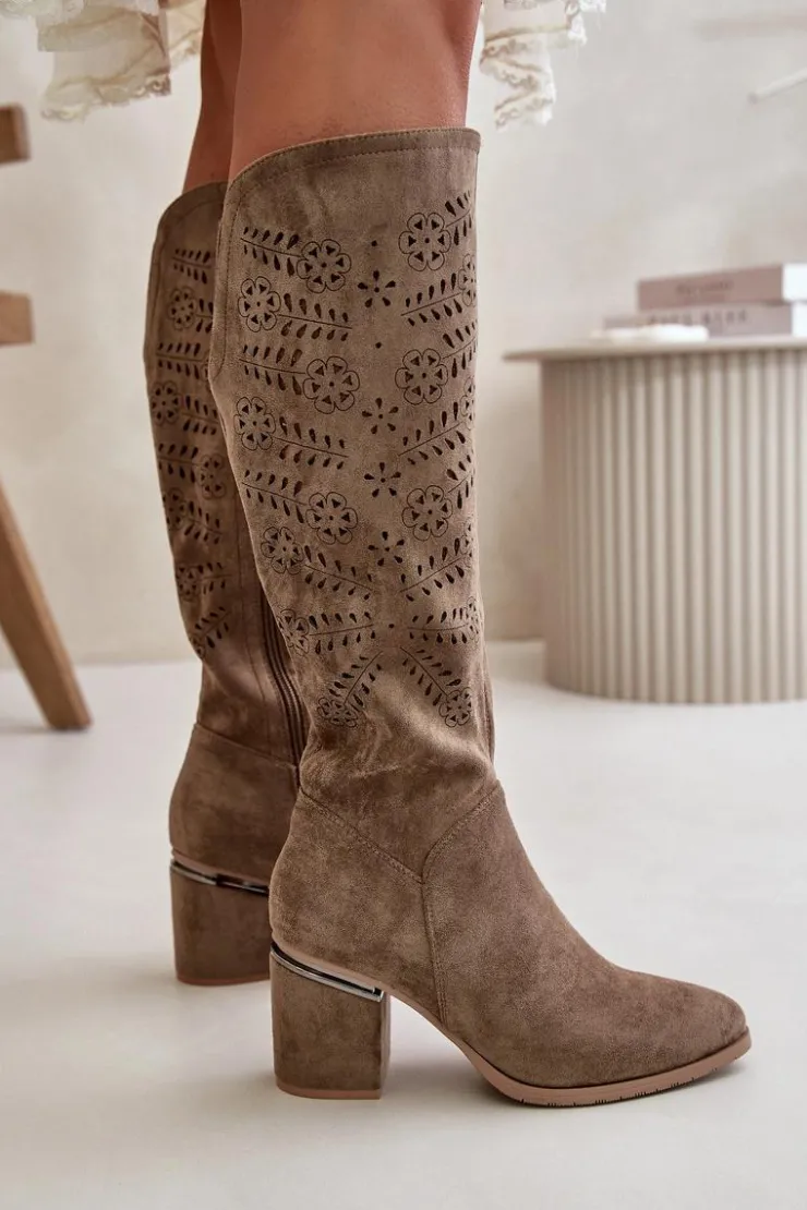 Buty damskie Vinceza Kozaki Ażurowe|Kozaki Przed Kolano*Ażurowe Kozaki Damskie Na Słupku Z Eko Zamszu Vinceza 16443 Ciemnobeżowe