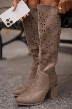 Buty damskie Vinceza Kozaki Ażurowe|Kozaki Przed Kolano*Ażurowe Kozaki Damskie Na Słupku Z Eko Zamszu Vinceza 16443 Ciemnobeżowe