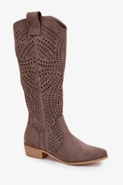 Damskie Boto Ażurowe Kozaki Damskie Na Klocku Przed Kolano Ciemnobeżowe Fioris