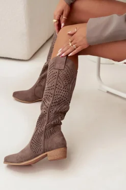 Damskie Boto Ażurowe Kozaki Damskie Na Klocku Przed Kolano Ciemnobeżowe Fioris