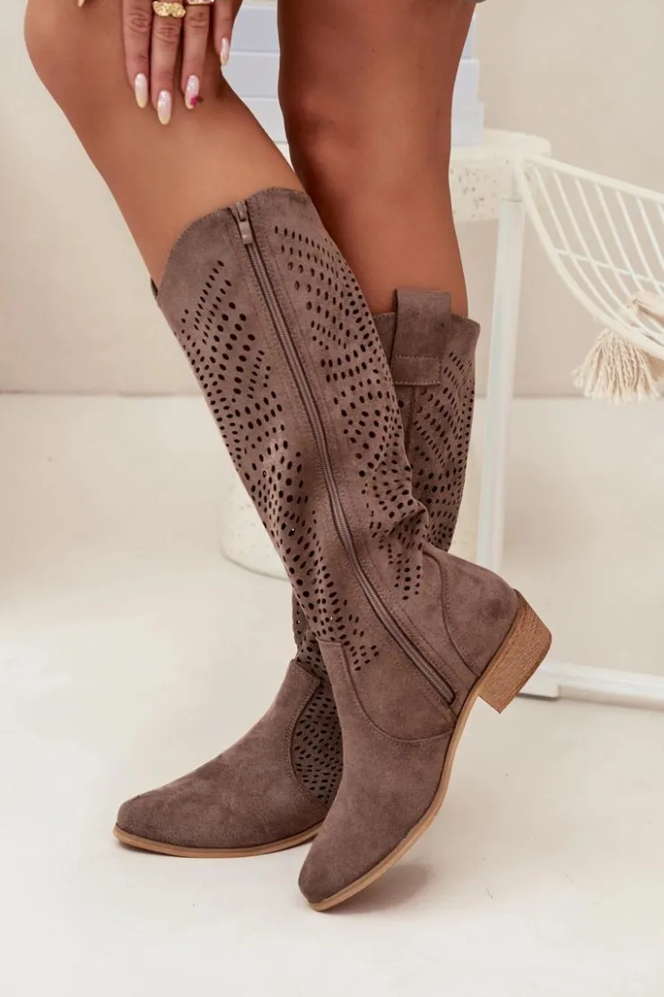 Damskie Boto Ażurowe Kozaki Damskie Na Klocku Przed Kolano Ciemnobeżowe Fioris