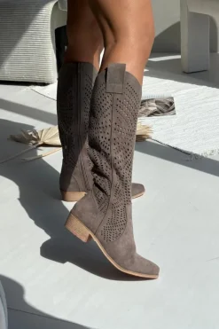 Damskie Boto Ażurowe Kozaki Damskie Na Klocku Przed Kolano Ciemnobeżowe Fioris