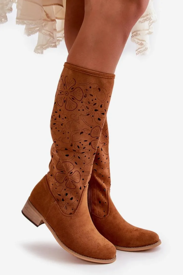 Damskie Boto Ażurowe Kozaki Damskie Na Niskim Obcasie Eko Zamszowe Zapinane Na Zamek Camel Orchides