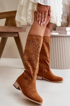 Damskie Boto Ażurowe Kozaki Damskie Na Niskim Obcasie Eko Zamszowe Zapinane Na Zamek Camel Orchides