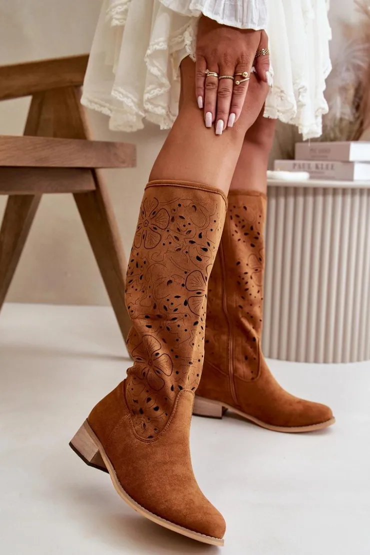 Damskie Boto Ażurowe Kozaki Damskie Na Niskim Obcasie Eko Zamszowe Zapinane Na Zamek Camel Orchides