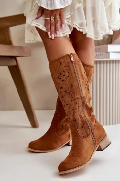 Damskie Boto Ażurowe Kozaki Damskie Na Niskim Obcasie Eko Zamszowe Zapinane Na Zamek Camel Orchides