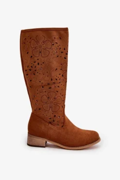 Damskie Boto Ażurowe Kozaki Damskie Na Niskim Obcasie Eko Zamszowe Zapinane Na Zamek Camel Orchides