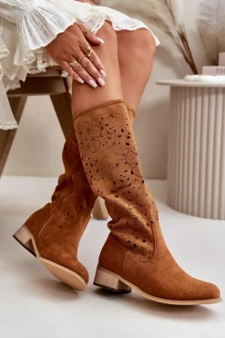 Damskie Boto Ażurowe Kozaki Damskie Na Niskim Obcasie Eko Zamszowe Zapinane Na Zamek Camel Orchides