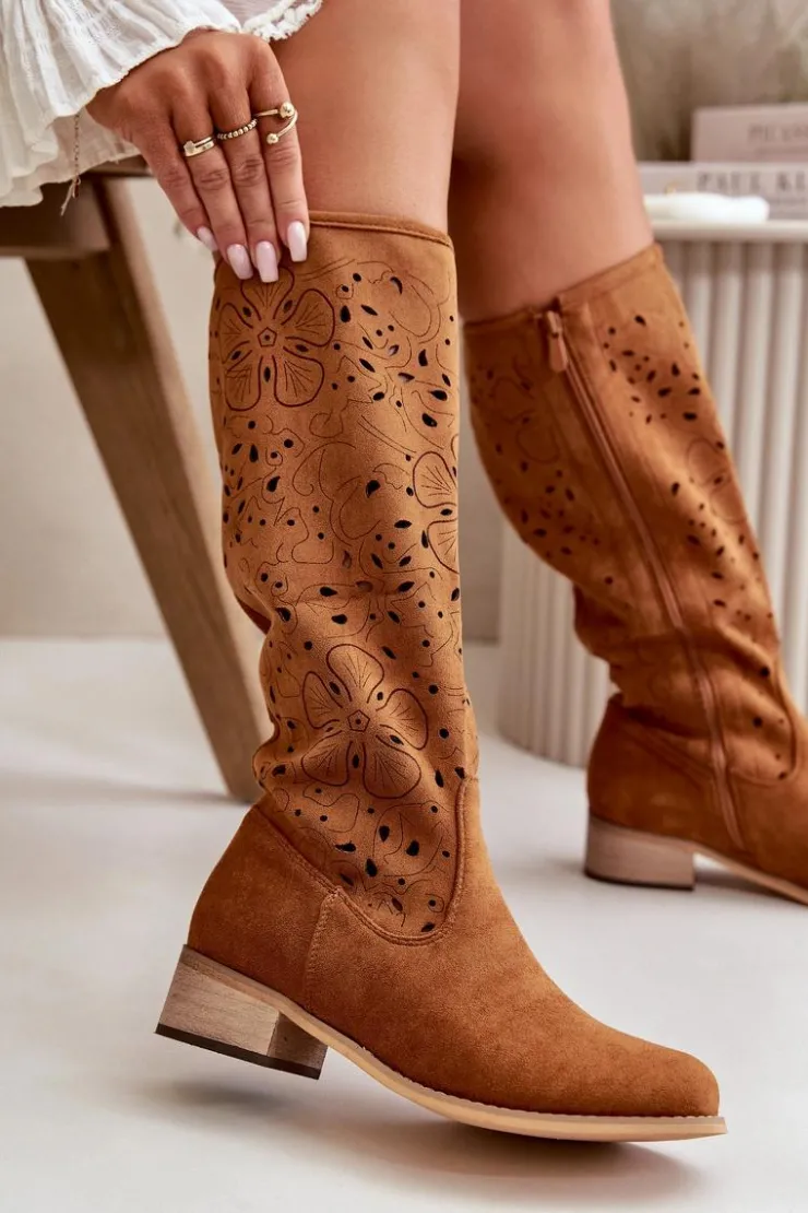 Damskie Boto Ażurowe Kozaki Damskie Na Niskim Obcasie Eko Zamszowe Zapinane Na Zamek Camel Orchides