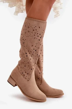 Clearance Boto Ażurowe Kozaki Damskie Na Niskim Obcasie Eko Zamszowe Zapinane Na Zamek Ciemnobeżowe Orchides