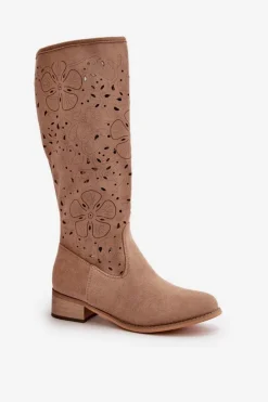 Clearance Boto Ażurowe Kozaki Damskie Na Niskim Obcasie Eko Zamszowe Zapinane Na Zamek Ciemnobeżowe Orchides