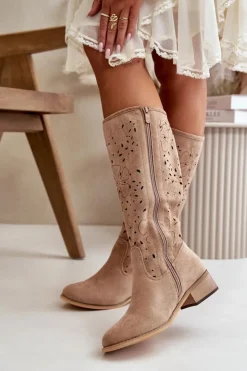 Clearance Boto Ażurowe Kozaki Damskie Na Niskim Obcasie Eko Zamszowe Zapinane Na Zamek Ciemnobeżowe Orchides