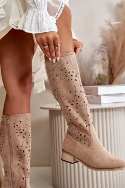 Clearance Boto Ażurowe Kozaki Damskie Na Niskim Obcasie Eko Zamszowe Zapinane Na Zamek Ciemnobeżowe Orchides