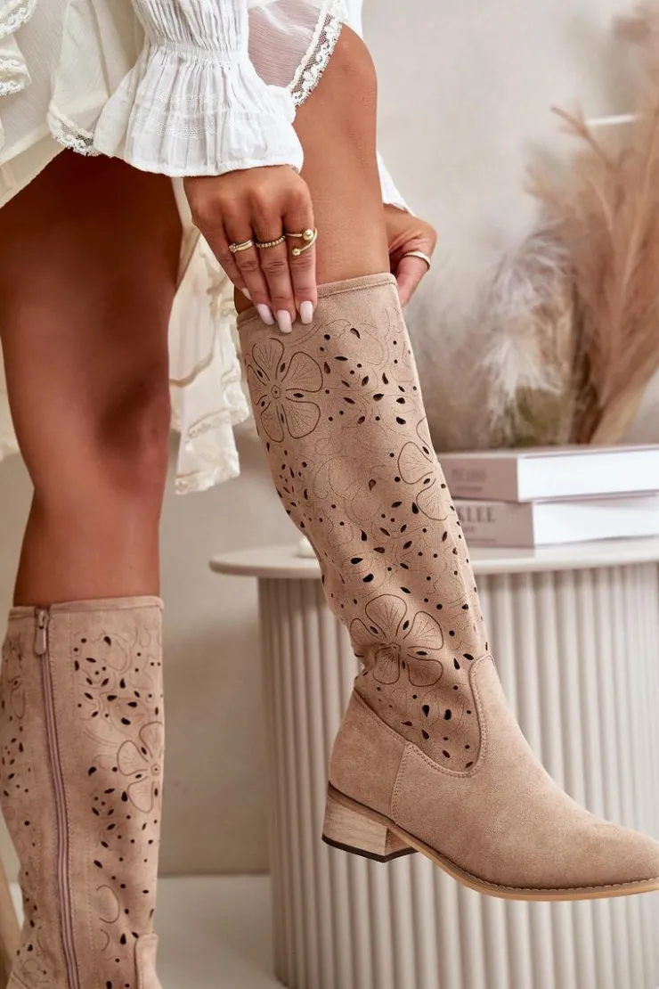 Clearance Boto Ażurowe Kozaki Damskie Na Niskim Obcasie Eko Zamszowe Zapinane Na Zamek Ciemnobeżowe Orchides