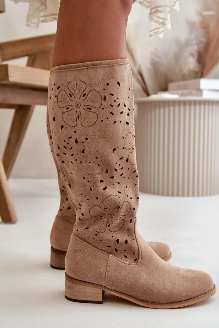 Clearance Boto Ażurowe Kozaki Damskie Na Niskim Obcasie Eko Zamszowe Zapinane Na Zamek Ciemnobeżowe Orchides