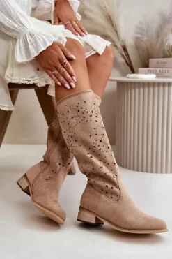 Clearance Boto Ażurowe Kozaki Damskie Na Niskim Obcasie Eko Zamszowe Zapinane Na Zamek Ciemnobeżowe Orchides