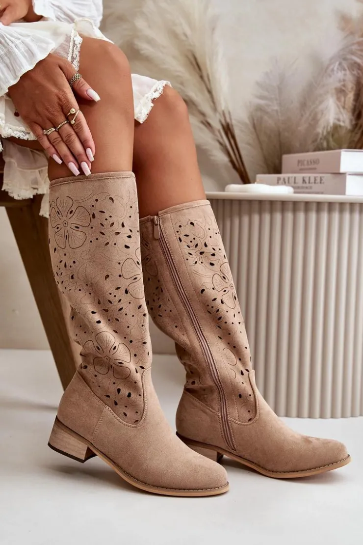 Clearance Boto Ażurowe Kozaki Damskie Na Niskim Obcasie Eko Zamszowe Zapinane Na Zamek Ciemnobeżowe Orchides