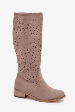 Damskie Boto Ażurowe Kozaki Damskie Na Niskim Obcasie Eko Zamszowe Zapinane Na Zamek Beżowe Orchides