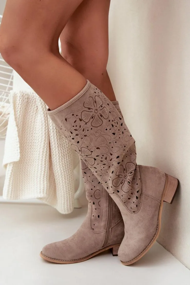 Damskie Boto Ażurowe Kozaki Damskie Na Niskim Obcasie Eko Zamszowe Zapinane Na Zamek Beżowe Orchides