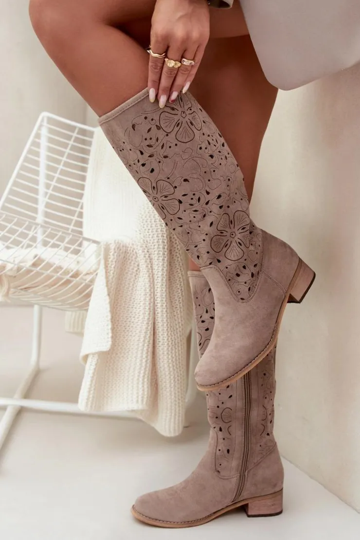 Damskie Boto Ażurowe Kozaki Damskie Na Niskim Obcasie Eko Zamszowe Zapinane Na Zamek Beżowe Orchides