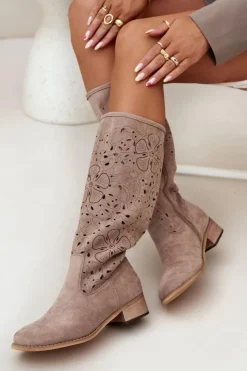 Damskie Boto Ażurowe Kozaki Damskie Na Niskim Obcasie Eko Zamszowe Zapinane Na Zamek Beżowe Orchides