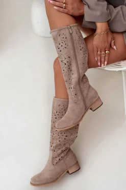Damskie Boto Ażurowe Kozaki Damskie Na Niskim Obcasie Eko Zamszowe Zapinane Na Zamek Beżowe Orchides
