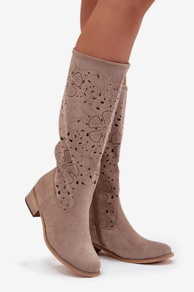 Damskie Boto Ażurowe Kozaki Damskie Na Niskim Obcasie Eko Zamszowe Zapinane Na Zamek Beżowe Orchides