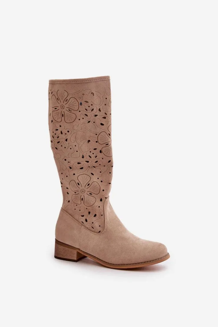 Damskie Boto Ażurowe Kozaki Damskie Na Niskim Obcasie Eko Zamszowe Zapinane Na Zamek Jasnobeżowe Orchides