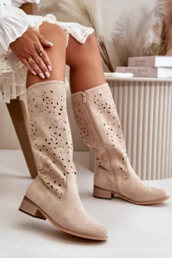 Damskie Boto Ażurowe Kozaki Damskie Na Niskim Obcasie Eko Zamszowe Zapinane Na Zamek Jasnobeżowe Orchides