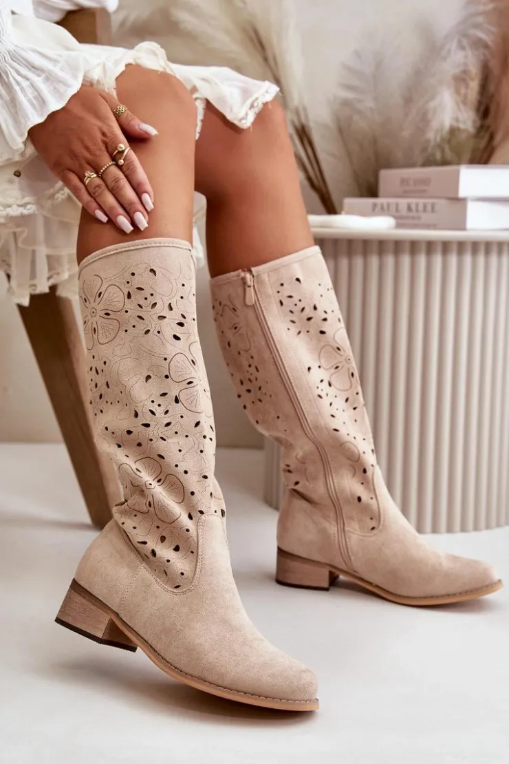 Damskie Boto Ażurowe Kozaki Damskie Na Niskim Obcasie Eko Zamszowe Zapinane Na Zamek Jasnobeżowe Orchides
