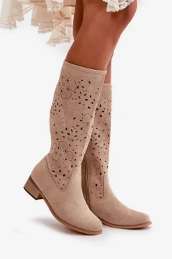 Damskie Boto Ażurowe Kozaki Damskie Na Niskim Obcasie Eko Zamszowe Zapinane Na Zamek Jasnobeżowe Orchides