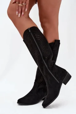 Boto Kozaki Ocieplane|Kozaki Ażurowe*Ażurowe Kozaki Damskie Na Klocku Przed Kolano Czarne Fioris
