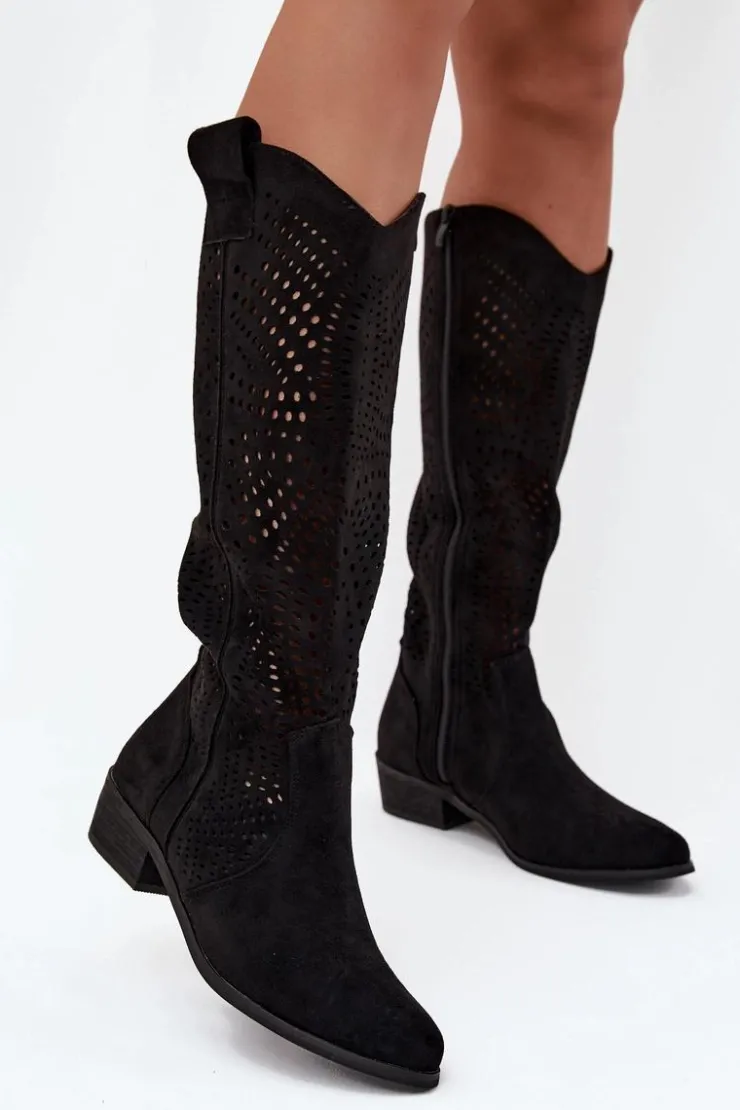Boto Kozaki Ocieplane|Kozaki Ażurowe*Ażurowe Kozaki Damskie Na Klocku Przed Kolano Czarne Fioris