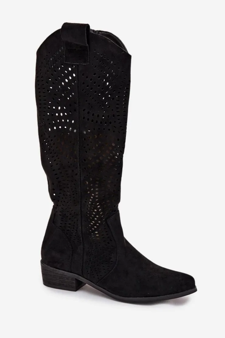 Boto Kozaki Ocieplane|Kozaki Ażurowe*Ażurowe Kozaki Damskie Na Klocku Przed Kolano Czarne Fioris