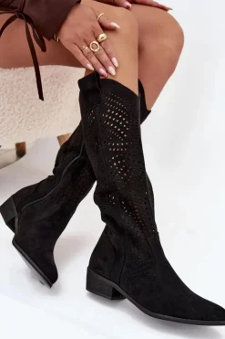 Boto Kozaki Ocieplane|Kozaki Ażurowe*Ażurowe Kozaki Damskie Na Klocku Przed Kolano Czarne Fioris