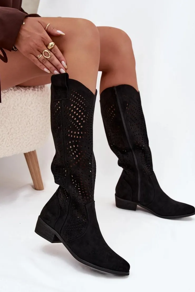 Boto Kozaki Ocieplane|Kozaki Ażurowe*Ażurowe Kozaki Damskie Na Klocku Przed Kolano Czarne Fioris